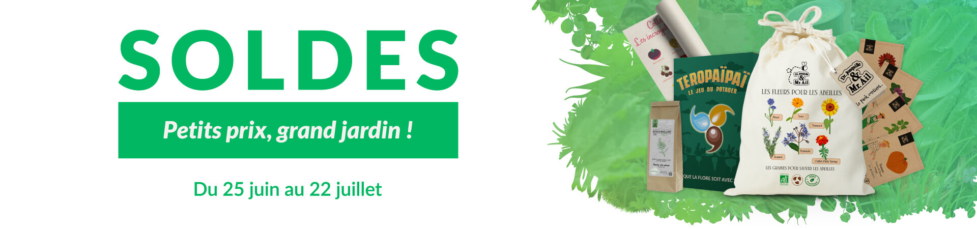 Soldes 2025 - LP_Bannière LP - Desktop - c Dr. Jonquille et Mr. Ail - semences bio et reproductibles - soldes été 2025