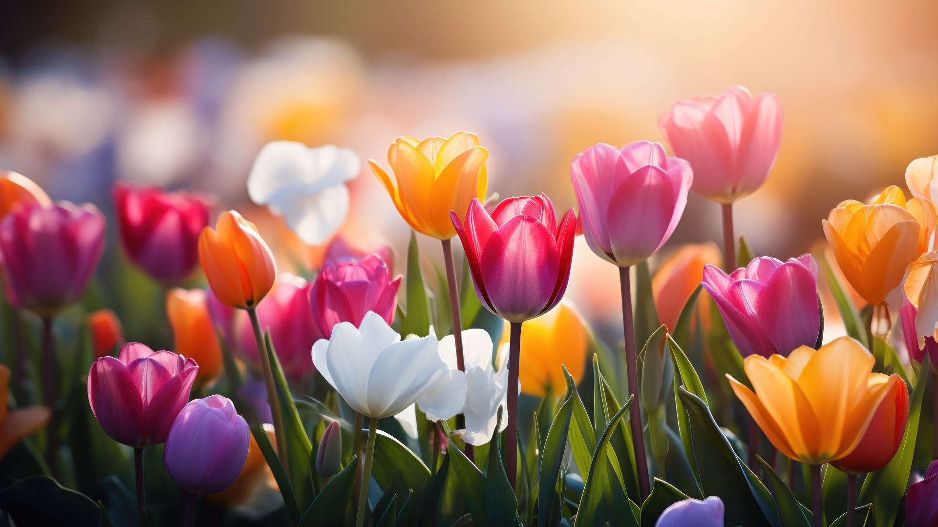Le soleil se lève sur un champ de tulipes bio colorées